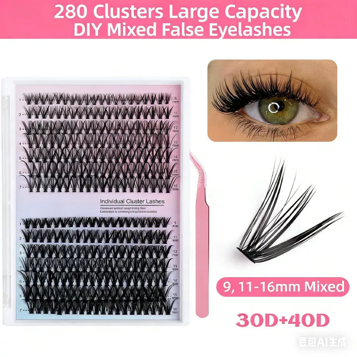 280 Clusters DIY Individual Cluster Lashes, 30D+40D Mixed 9-16mm False Eyelashes, Reusable Natural Look Eyelash Extensions with Tweezers, Soft & Lightweight, Easy to Apply at Home, Perfect for Daily
