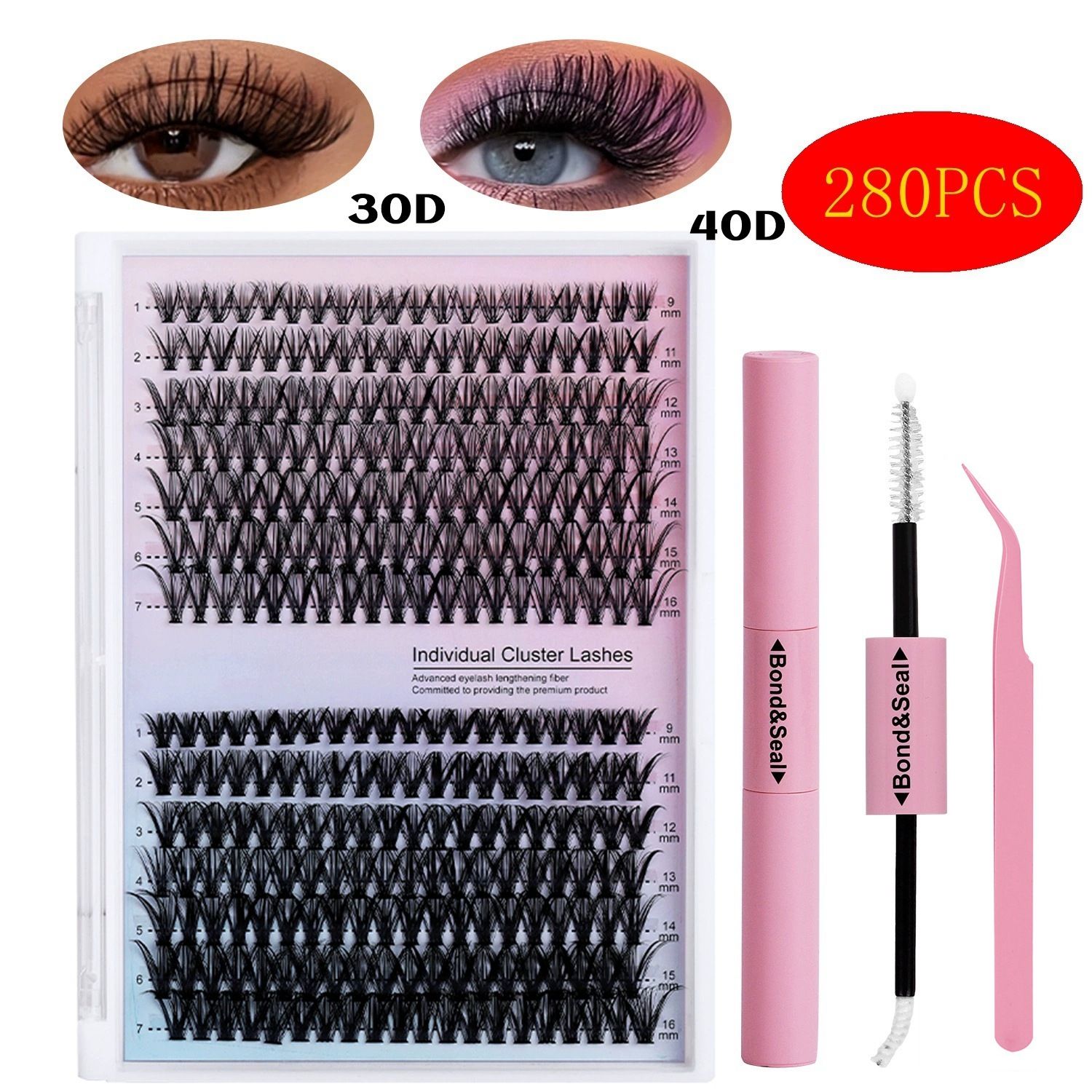 280 Clusters DIY Individual Cluster Lashes, 30D+40D Mixed 9-16mm False Eyelashes, Reusable Natural Look Eyelash Extensions with Tweezers, Soft & Lightweight, Easy to Apply at Home, Perfect for Daily