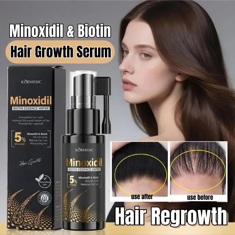KORMESIC 5% Minoxidil & Biotin Hair Growth Serum Hair Regrowth Strengthen Hair Dual Action Anti Hair Loss Treatment Activates Hair Follicles for Thicker Stronger Hair Penetrating Fast Absorbing