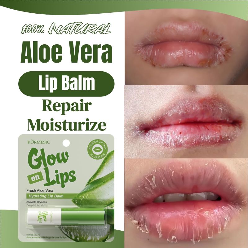 KORMESIC Natural Aloe Vera Lip Balm Moisturizing Hydrating Soothing Repair Dry Chapped Lips Soothes & Plumps Lips Reduces Lip Wrinkles & Restores Smoothness Non-Greasy Fast Absorbing Formula Lip Care