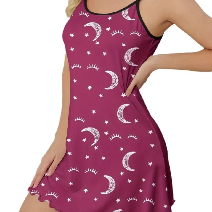 Best-Selling Cute Heart Cartoon Print Nightgown - Women's Sexy Spaghetti Strap Soft Breathable Sleepwear Multi-Color (Black/Pink/Red/White)