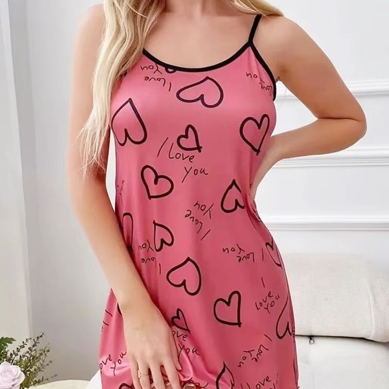 Best-Selling Cute Heart Cartoon Print Nightgown - Women's Sexy Spaghetti Strap Soft Breathable Sleepwear Multi-Color (Black/Pink/Red/White)