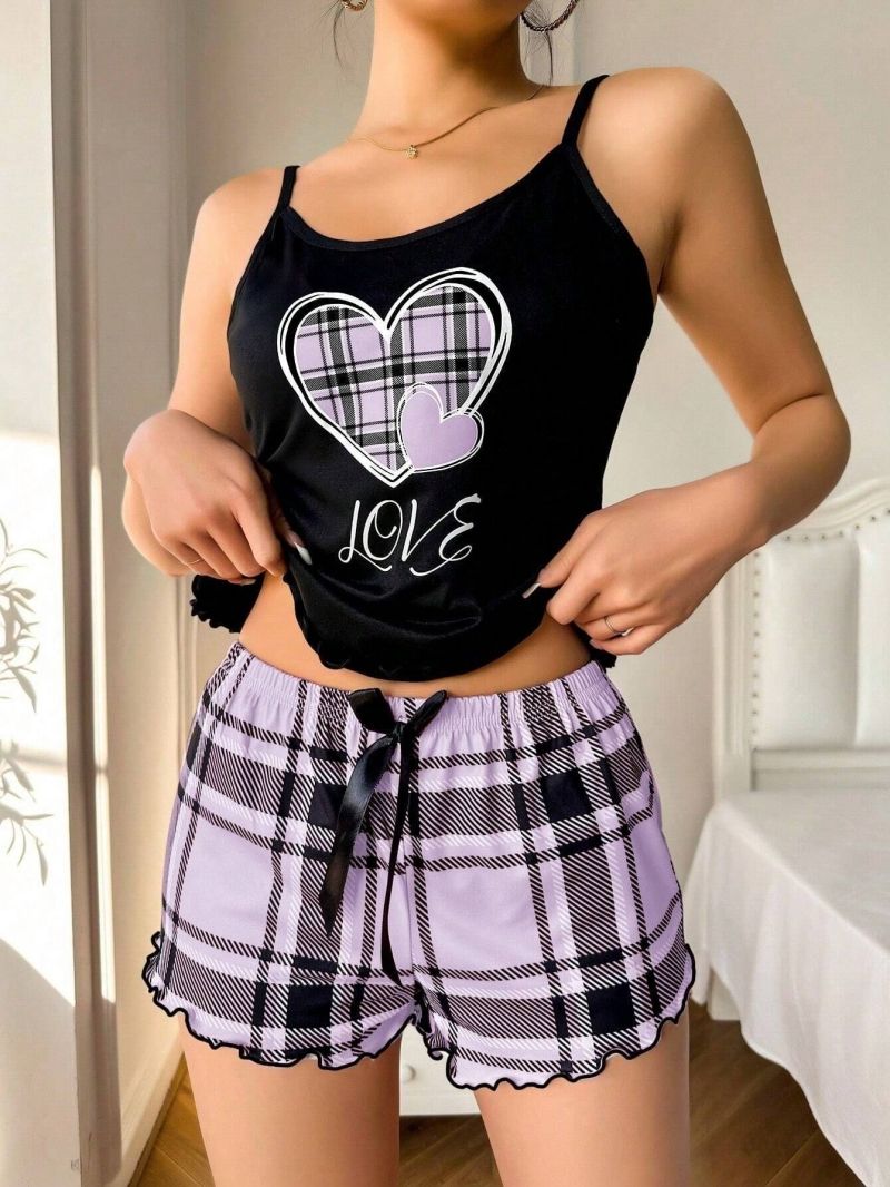 Women's Summer Pajama Set - Breathable Sling Top with Letter Print & Plaid Shorts Soft Comfortable Casual Loungewear for Home Daily Wear | Stylish Sleepwear Outfit for Ladies