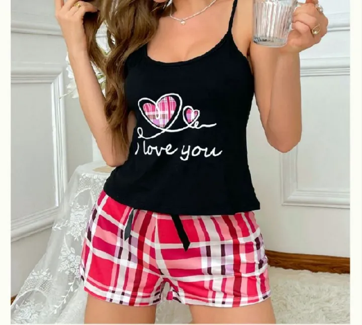 Women's Summer Pajama Set - Breathable Sling Top with Letter Print & Plaid Shorts Soft Comfortable Casual Loungewear for Home Daily Wear | Stylish Sleepwear Outfit for Ladies