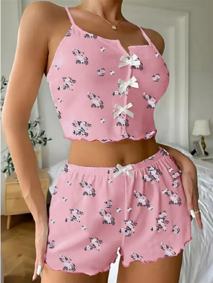 Women's Cute Heart & Lash Print Pajama Set - V-Neck Camisole Top + Shorts Soft Comfortable Sleepwear Nightwear for Ladies