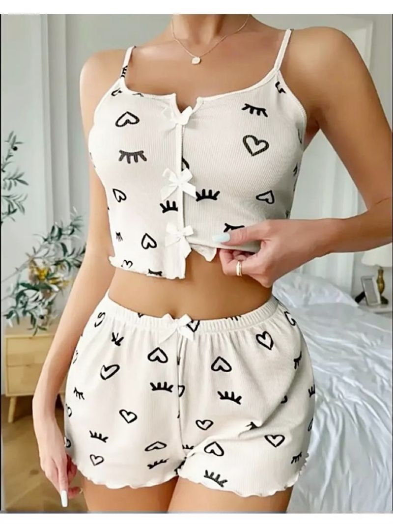 Women's Cute Heart & Lash Print Pajama Set - V-Neck Camisole Top + Shorts Soft Comfortable Sleepwear Nightwear for Ladies