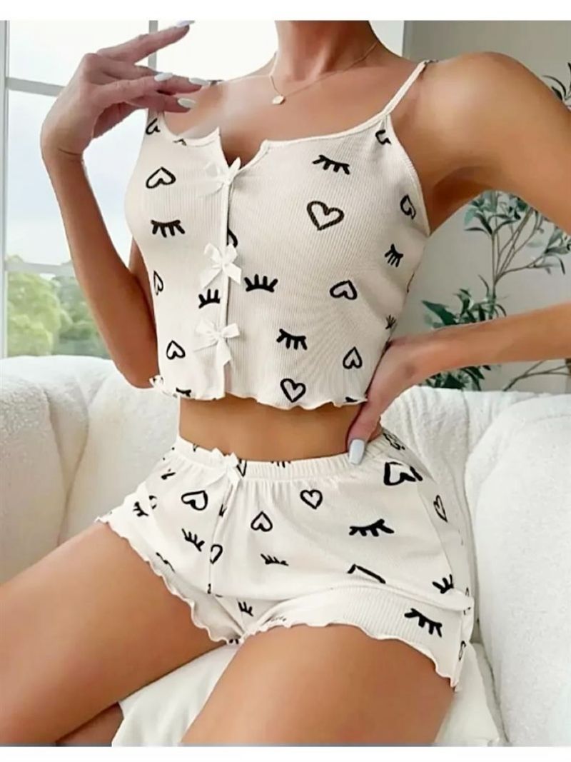 Women's Cute Heart & Lash Print Pajama Set - V-Neck Camisole Top + Shorts Soft Comfortable Sleepwear Nightwear for Ladies