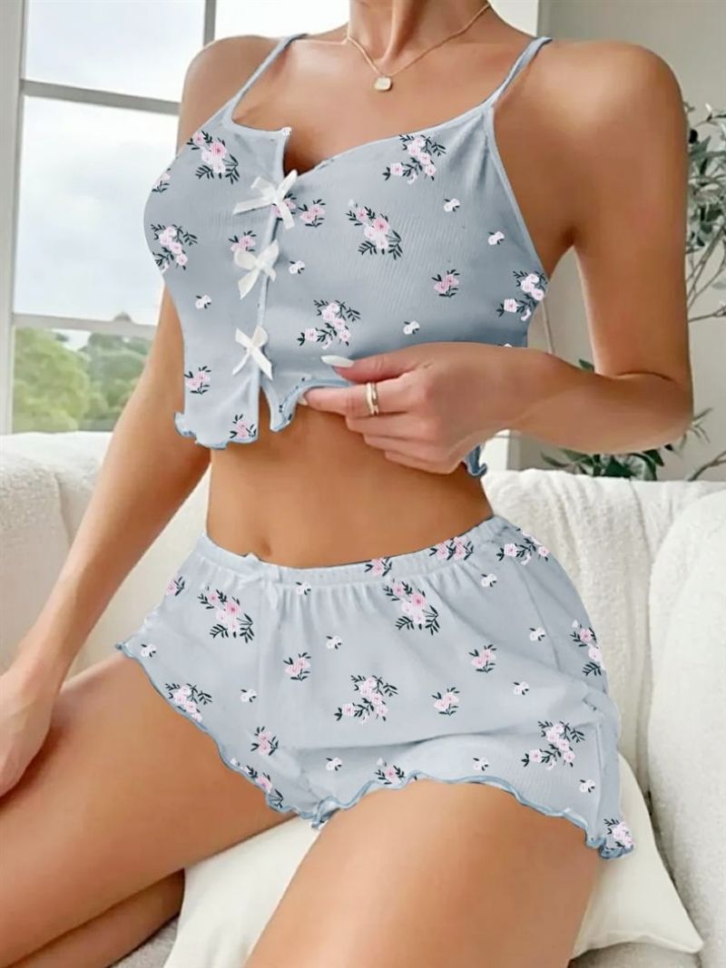 Women's Cute Heart & Lash Print Pajama Set - V-Neck Camisole Top + Shorts Soft Comfortable Sleepwear Nightwear for Ladies