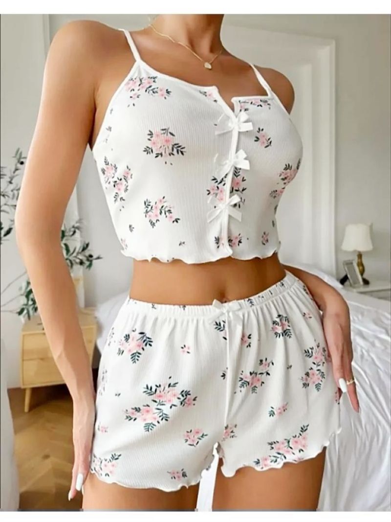 Women's Cute Heart & Lash Print Pajama Set - V-Neck Camisole Top + Shorts Soft Comfortable Sleepwear Nightwear for Ladies