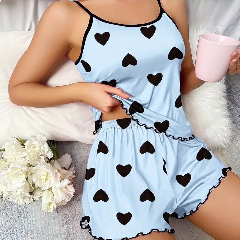 Soft Breathable Women's Sleepwear Set - Butterfly Print Sling Camisole + Elastic Waist Shorts Lounge Pajamas