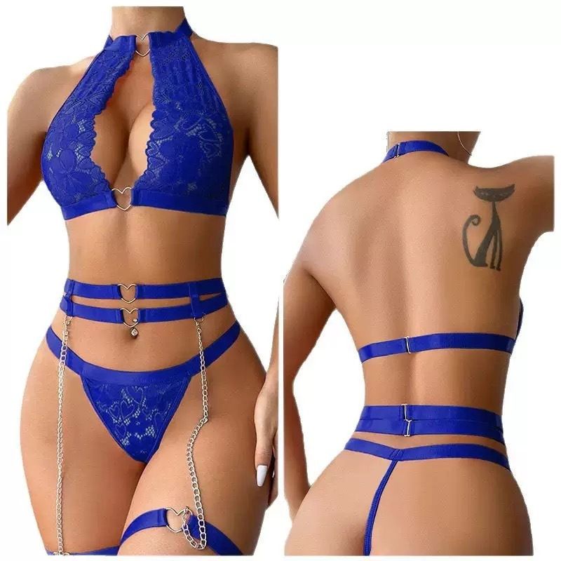 Sexy 3-Piece Lingerie Set for Women - Metal Heart Chain Push-Up Bra + Garter Belt + Lace Panties Western New Design