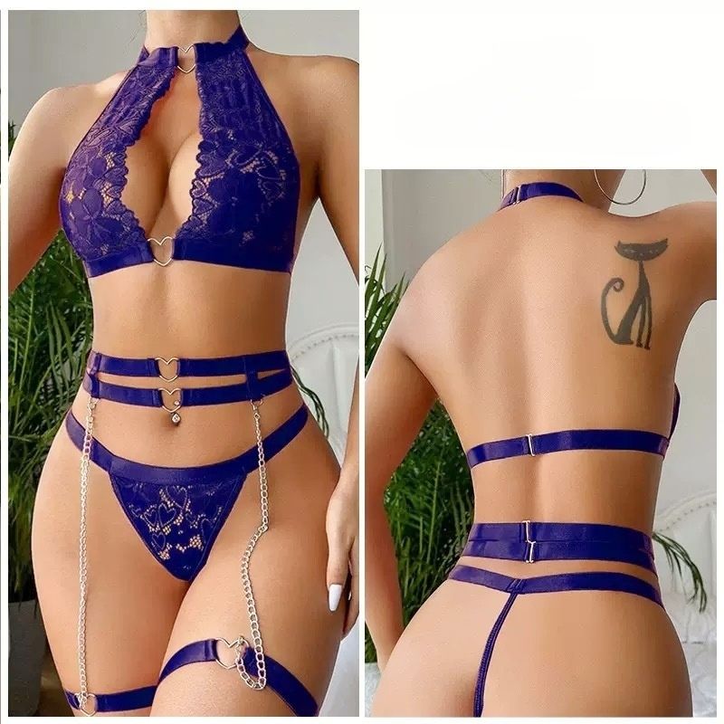 Sexy 3-Piece Lingerie Set for Women - Metal Heart Chain Push-Up Bra + Garter Belt + Lace Panties Western New Design