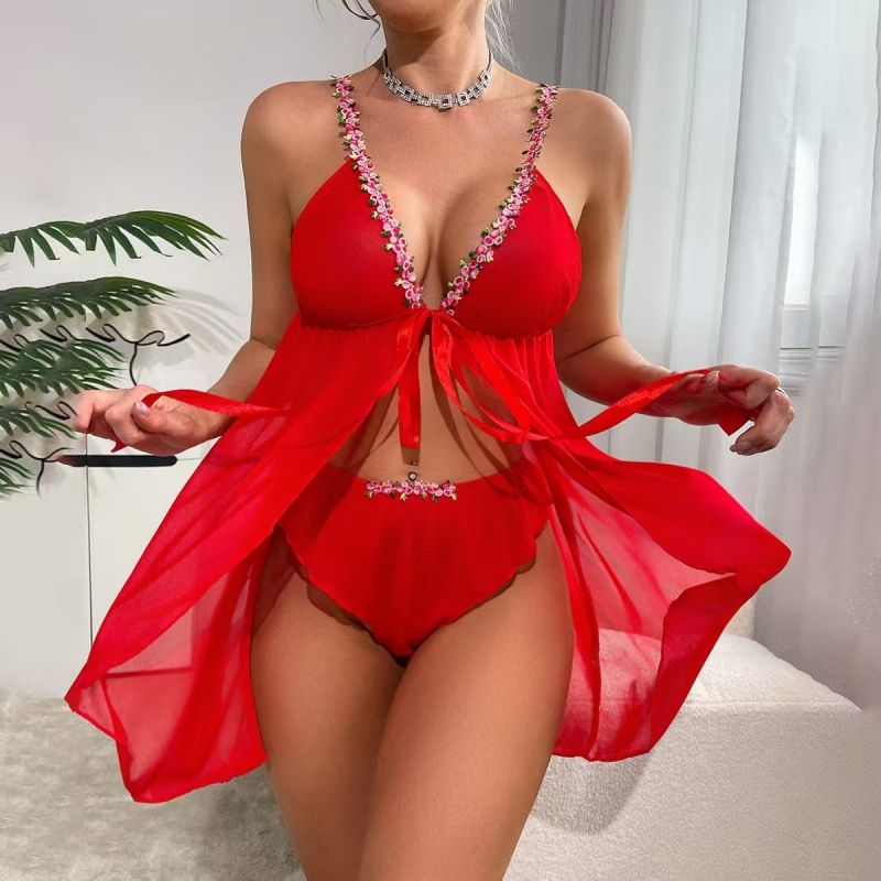 New Arrival Fashionable Sexy Lingerie - Mesh Floral Appliques Spaghetti Strap Bra with Bowknot & Side Slit Design | Alluring Women's Intimate Wear for Romantic Nights