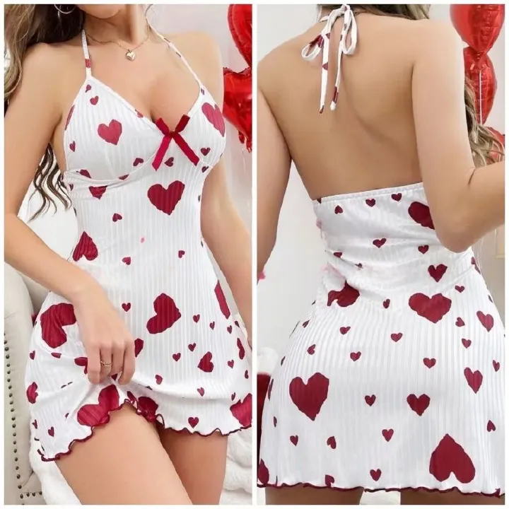 Western Style Sweet Pure Elegance Women's Summer Nightgown - Ribbed Striped Heart Print Spaghetti Strap Loungewear | Fashionable Alluring Home Wear for Daily Relaxation