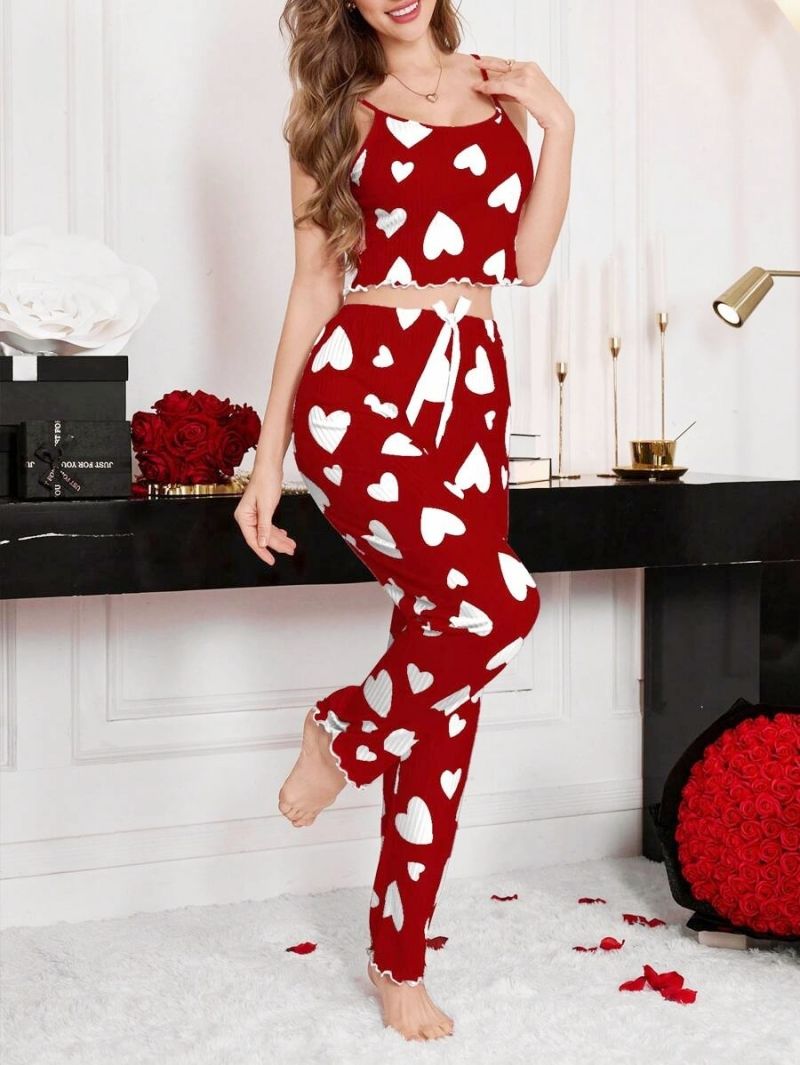 Fashionable Sweet Women's 2-Piece Loungewear Set - Ribbed Heart Print Spaghetti Strap & Long Pants | Pure Elegance Seductive Home Wear for Daily Relaxation