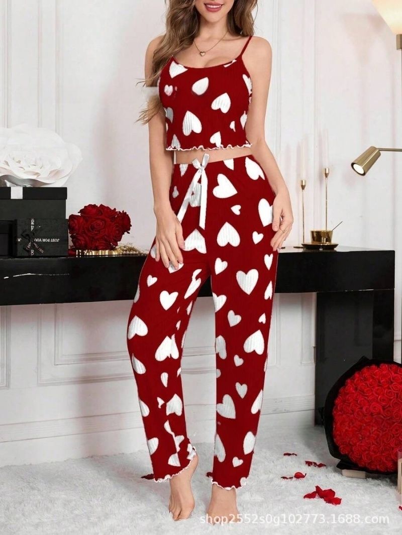 Fashionable Sweet Women's 2-Piece Loungewear Set - Ribbed Heart Print Spaghetti Strap & Long Pants | Pure Elegance Seductive Home Wear for Daily Relaxation