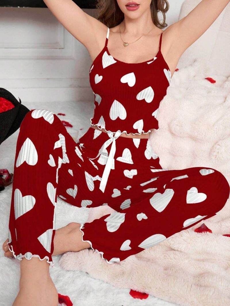 Fashionable Sweet Women's 2-Piece Loungewear Set - Ribbed Heart Print Spaghetti Strap & Long Pants | Pure Elegance Seductive Home Wear for Daily Relaxation
