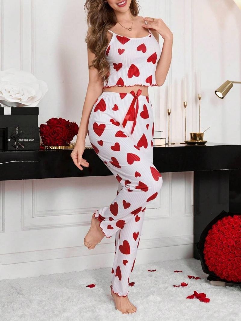 Fashionable Sweet Women's 2-Piece Loungewear Set - Ribbed Heart Print Spaghetti Strap & Long Pants | Pure Elegance Seductive Home Wear for Daily Relaxation