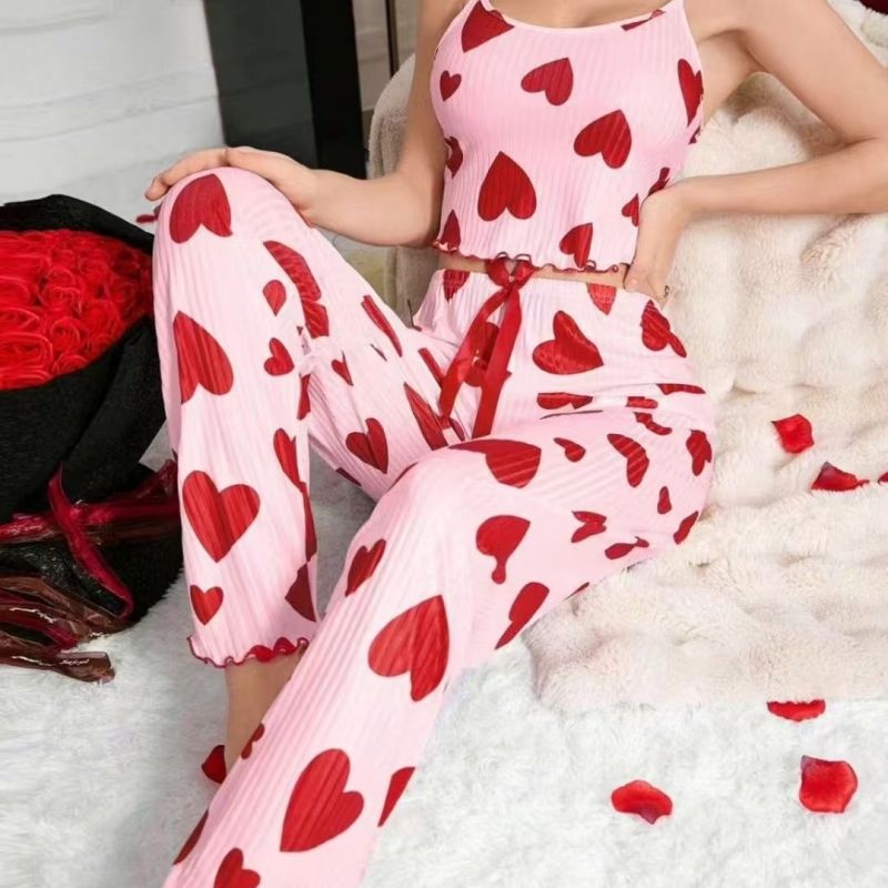 Fashionable Sweet Women's 2-Piece Loungewear Set - Ribbed Heart Print Spaghetti Strap & Long Pants | Pure Elegance Seductive Home Wear for Daily Relaxation