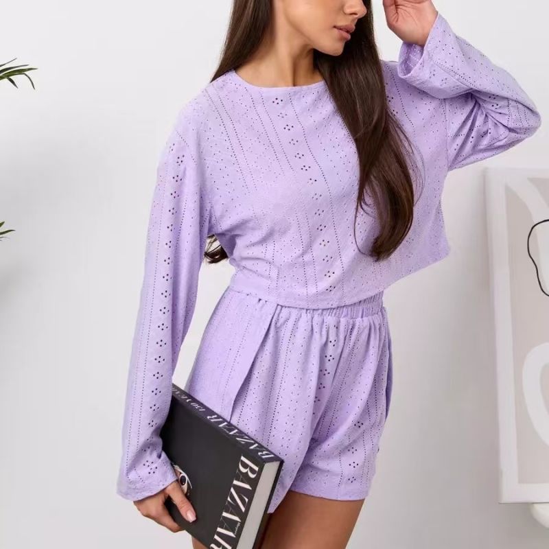 2026 New Arrivals Women's Casual Homewear Set Fashionable Minimalist Hollow Out Jacquard Long Sleeve Loose Shorts Loungewear for Ladies