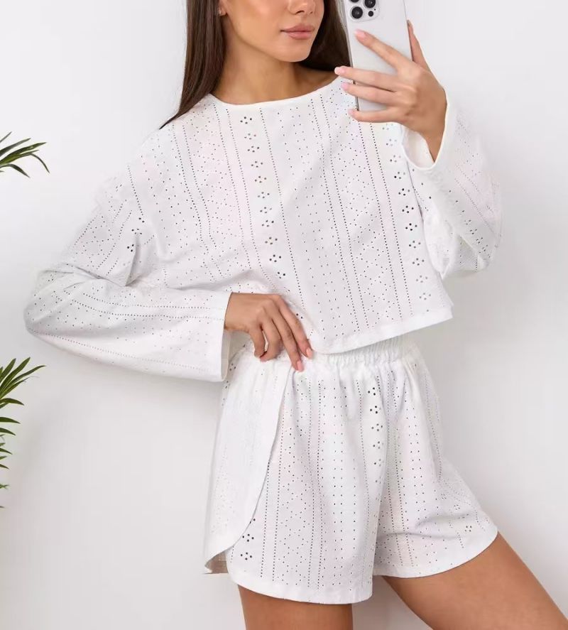 2026 New Arrivals Women's Casual Homewear Set Fashionable Minimalist Hollow Out Jacquard Long Sleeve Loose Shorts Loungewear for Ladies