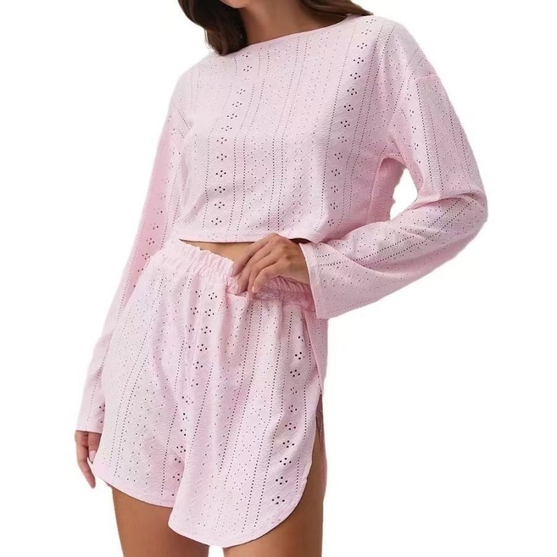 2026 New Arrivals Women's Casual Homewear Set Fashionable Minimalist Hollow Out Jacquard Long Sleeve Loose Shorts Loungewear for Ladies