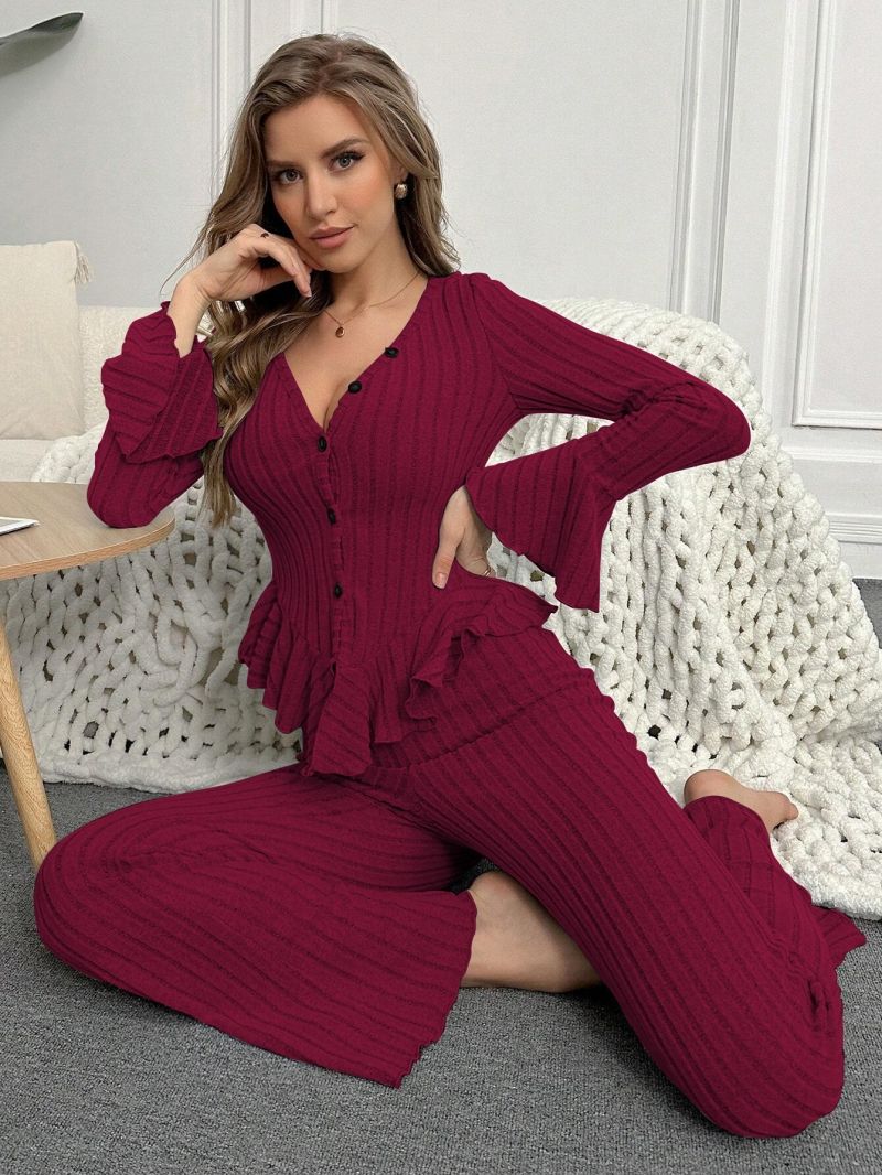 Fashionable Best-Selling Women's Velvet-Touch V-Neck Long Sleeve Long Pants Loungewear Wearable Outside Comfortable Homewear for Ladies