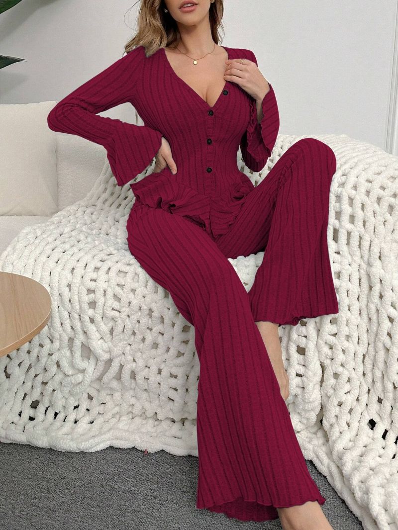 Fashionable Best-Selling Women's Velvet-Touch V-Neck Long Sleeve Long Pants Loungewear Wearable Outside Comfortable Homewear for Ladies