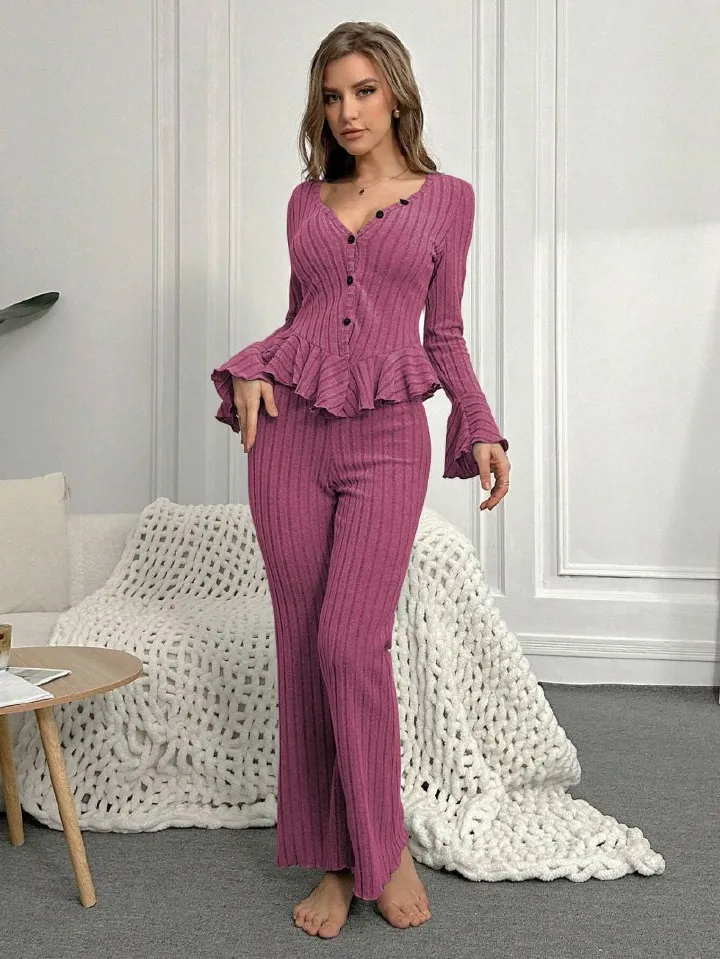 Fashionable Best-Selling Women's Velvet-Touch V-Neck Long Sleeve Long Pants Loungewear Wearable Outside Comfortable Homewear for Ladies