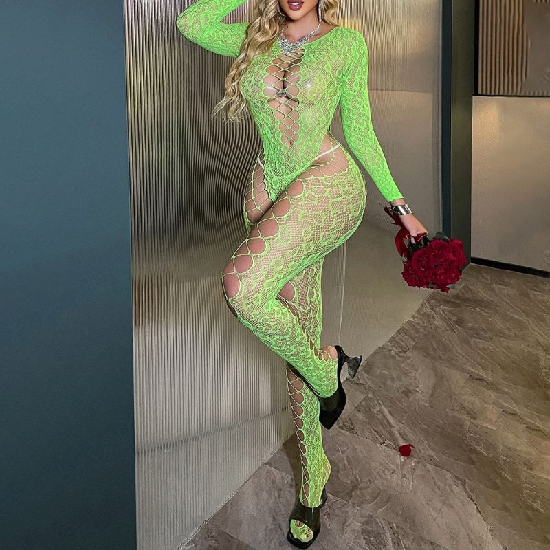 Women's Sexy Black Mesh Lingerie Long Sleeve Ripped Fishnet Hollow-out Backless Slim-fit Bodysuit for Intimate Nights & Role Play