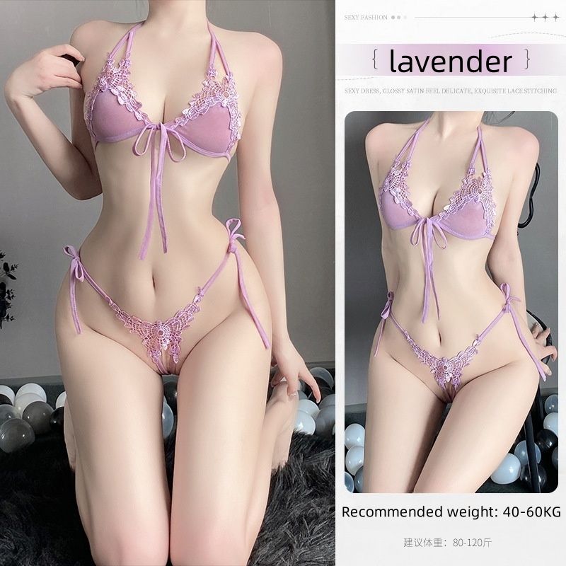 Best-Selling Women's Sexy Lingerie Lace Three-Piece Set, Pure and Seductive Style for Small Bust Hot & Passionate Open-Crotch Pajamas Flirty Intimate Sleepwear