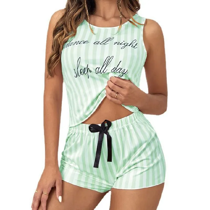 Premium Summer Women's Striped Letter Print Two-Piece Set Comfortable Skin-Friendly Milk Silk Short-Sleeve Outfit Sexy Stylish Home & Daily Wear