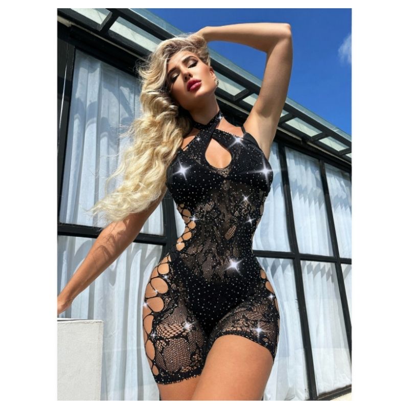 Fashion Sexy Women's Sleepwear & Intimate Lingerie Halter Neck Cutout Rhinestone Sheer Slim Fit Nightdress Elegant Sensual Ladies' Apparel for Nightwear & Special Occasions