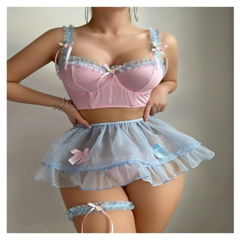 Sexy Cute Bow Backless Spaghetti Strap Lingerie Sheer Mesh Perspective Two-Piece Lingerie Set for Women Intimate Sleepwear & Nightwear