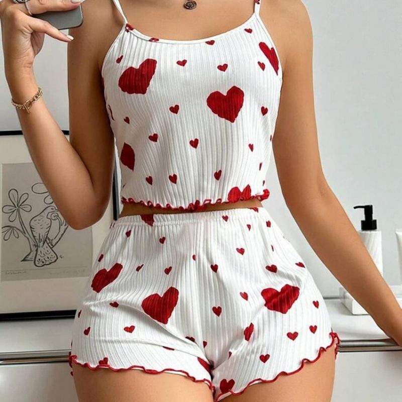 Women's Fashion Sexy Summer European & American Style Ribbed Knit Heart Print Stylish Design Sweet Camisole & Shorts Pure & Sexy Pajamas Set Loungewear For Women