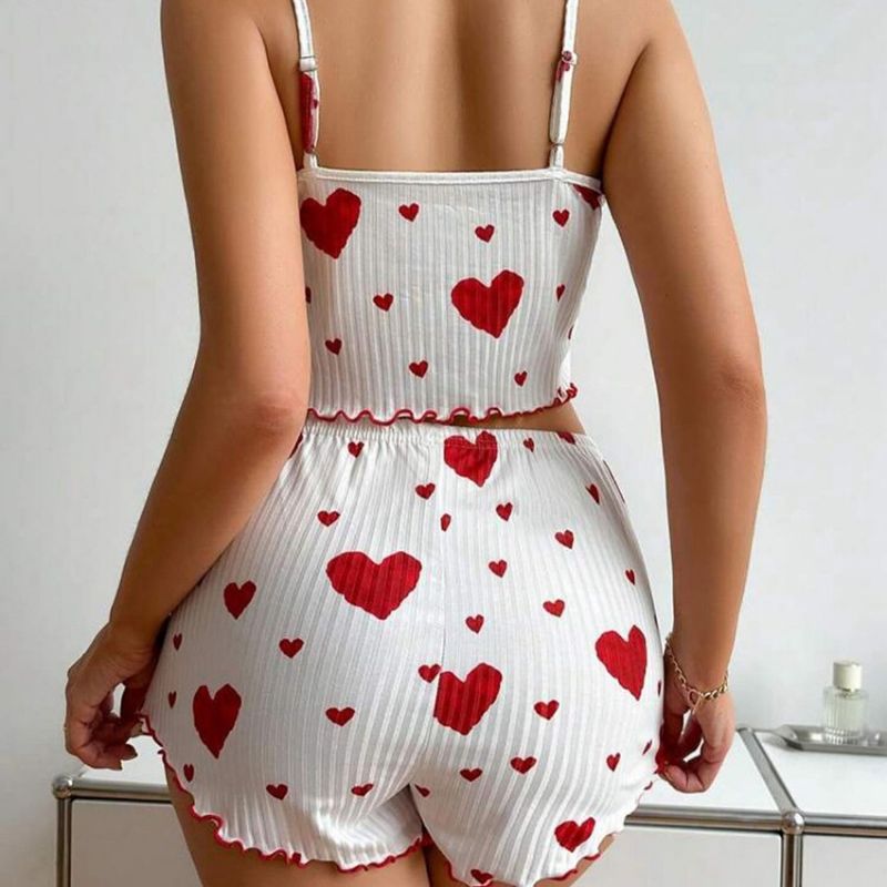 Women's Fashion Sexy Summer European & American Style Ribbed Knit Heart Print Stylish Design Sweet Camisole & Shorts Pure & Sexy Pajamas Set Loungewear For Women