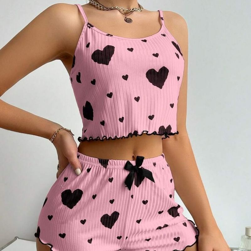 Women's Fashion Sexy Summer European & American Style Ribbed Knit Heart Print Stylish Design Sweet Camisole & Shorts Pure & Sexy Pajamas Set Loungewear For Women
