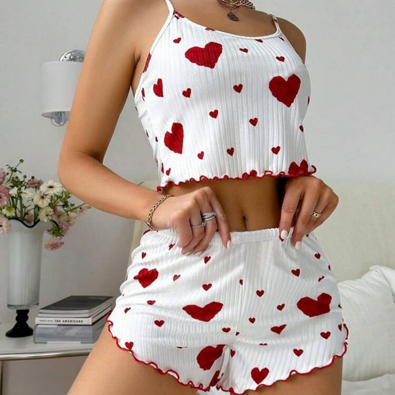 Women's Fashion Sexy Summer European & American Style Ribbed Knit Heart Print Stylish Design Sweet Camisole & Shorts Pure & Sexy Pajamas Set Loungewear For Women