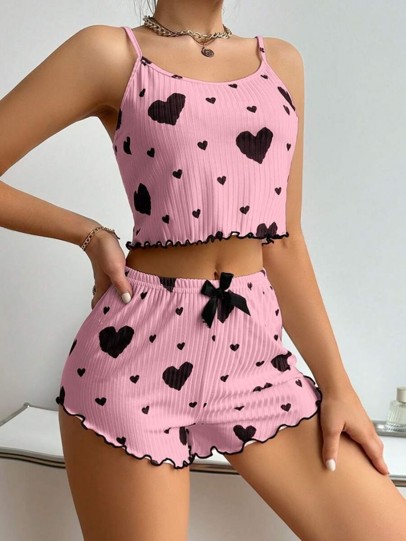 Women's Fashion Sexy Summer European & American Style Ribbed Knit Heart Print Stylish Design Sweet Camisole & Shorts Pure & Sexy Pajamas Set Loungewear For Women