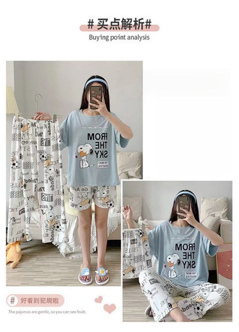 New Arrival Women's Summer Lightweight Pajamas Set Cute Cartoon Print 3PCS Short Sleeve Long Pants Sleepwear Loungewear Can Wear Outside
