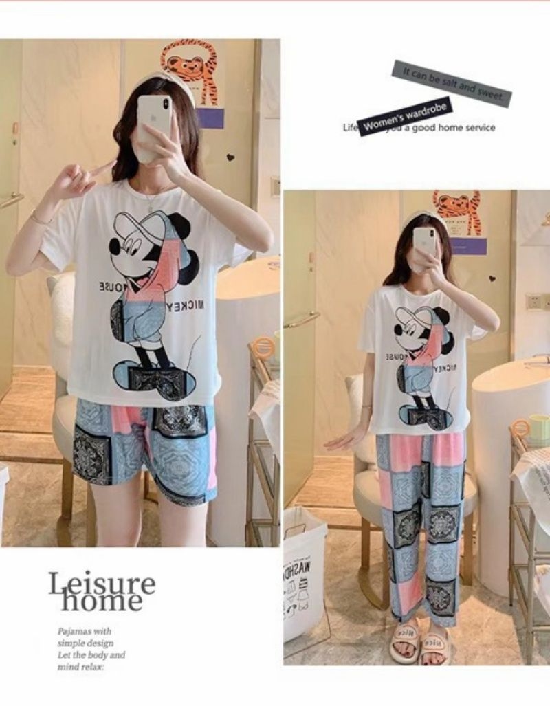 New Arrival Women's Summer Lightweight Pajamas Set Cute Cartoon Print 3PCS Short Sleeve Long Pants Sleepwear Loungewear Can Wear Outside