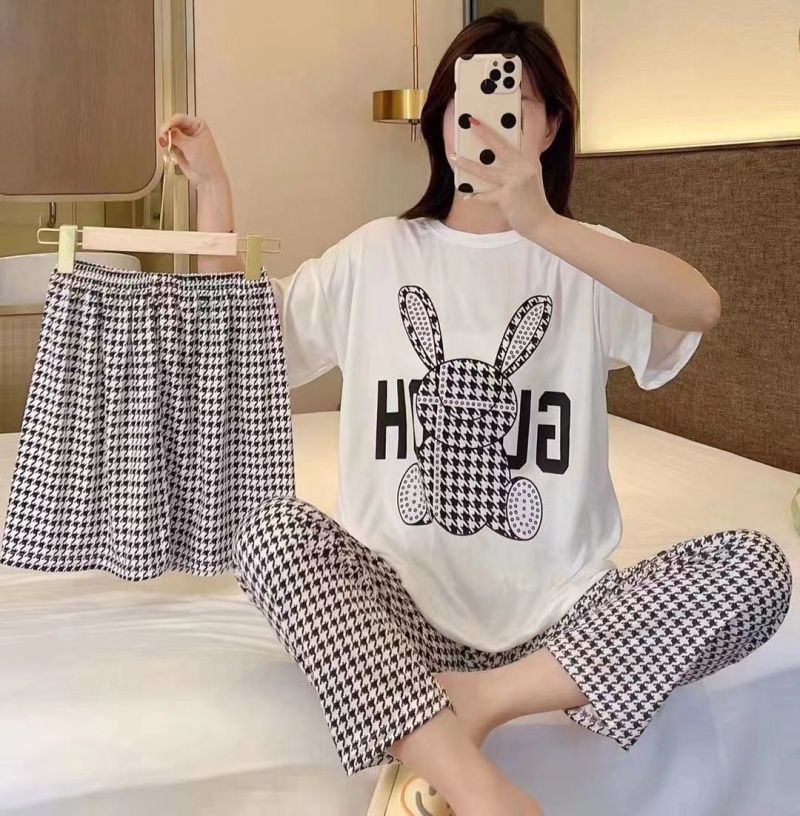 New Arrival Women's Summer Lightweight Pajamas Set Cute Cartoon Print 3PCS Short Sleeve Long Pants Sleepwear Loungewear Can Wear Outside