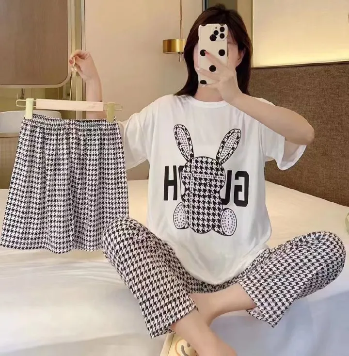 New Arrival Women's Summer Lightweight Pajamas Set Cute Cartoon Print 3PCS Short Sleeve Long Pants Sleepwear Loungewear Can Wear Outside