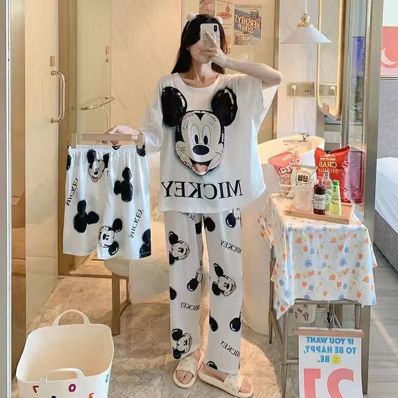New Arrival Women's Summer Lightweight Pajamas Set Cute Cartoon Print 3PCS Short Sleeve Long Pants Sleepwear Loungewear Can Wear Outside