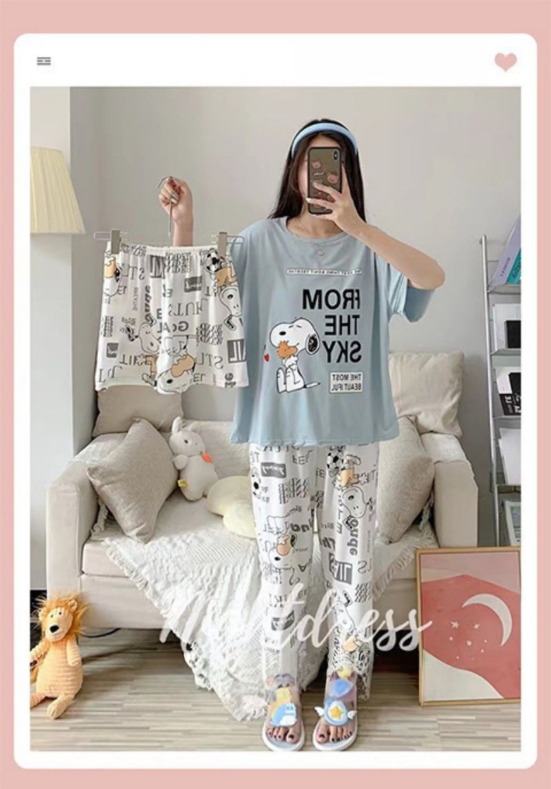 New Arrival Women's Summer Lightweight Pajamas Set Cute Cartoon Print 3PCS Short Sleeve Long Pants Sleepwear Loungewear Can Wear Outside