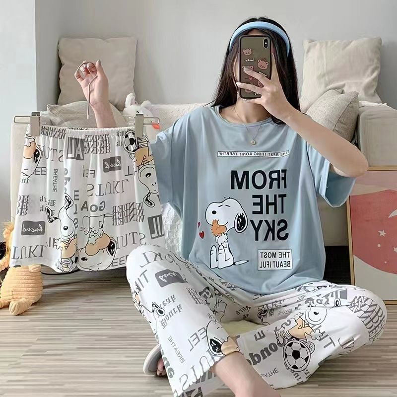 New Arrival Women's Summer Lightweight Pajamas Set Cute Cartoon Print 3PCS Short Sleeve Long Pants Sleepwear Loungewear Can Wear Outside