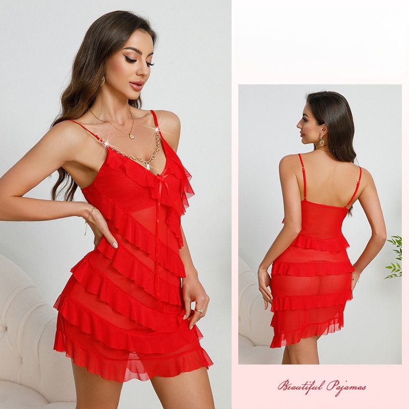 Fashion Sexy Multi-layer Ruffle Nightdress Pure Mesh Thin Spaghetti Strap V-Neck Pajamas With Pearl Pendant Decoration Sheer Transparent Lace Sleepwear Elegant Sexy Intimate Lingerie For Women