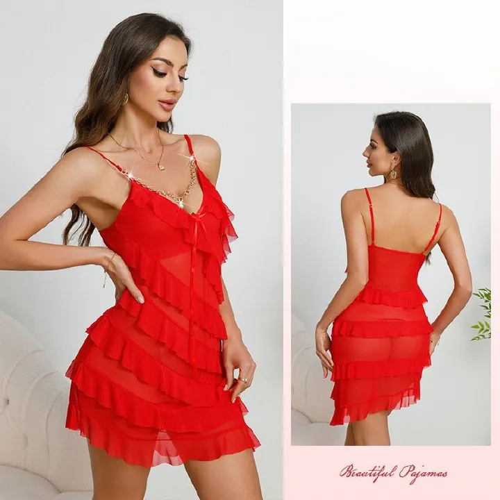 Fashion Sexy Multi-layer Ruffle Nightdress Pure Mesh Thin Spaghetti Strap V-Neck Pajamas With Pearl Pendant Decoration Sheer Transparent Lace Sleepwear Elegant Sexy Intimate Lingerie For Women