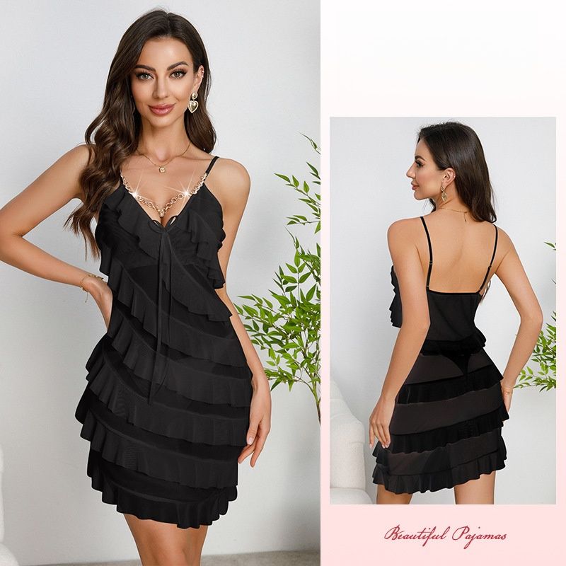 Fashion Sexy Multi-layer Ruffle Nightdress Pure Mesh Thin Spaghetti Strap V-Neck Pajamas With Pearl Pendant Decoration Sheer Transparent Lace Sleepwear Elegant Sexy Intimate Lingerie For Women