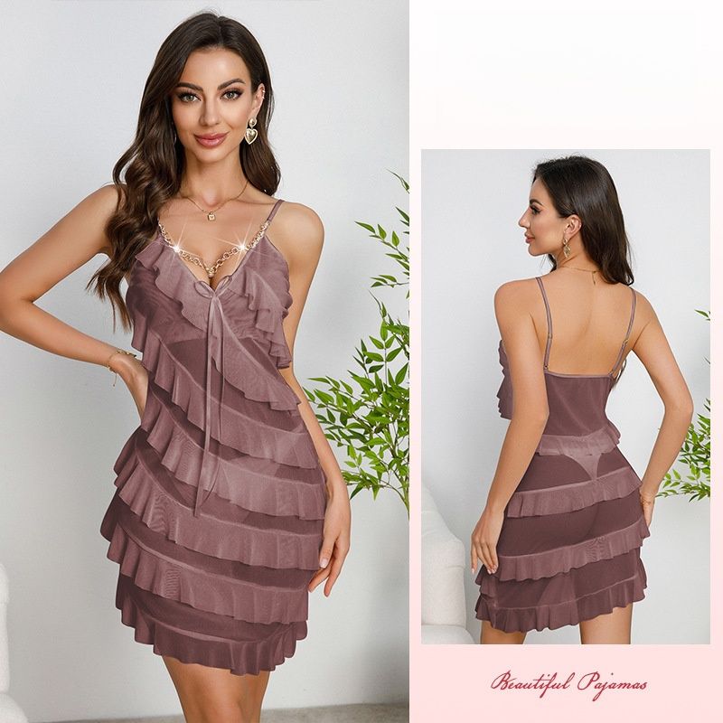 Fashion Sexy Multi-layer Ruffle Nightdress Pure Mesh Thin Spaghetti Strap V-Neck Pajamas With Pearl Pendant Decoration Sheer Transparent Lace Sleepwear Elegant Sexy Intimate Lingerie For Women